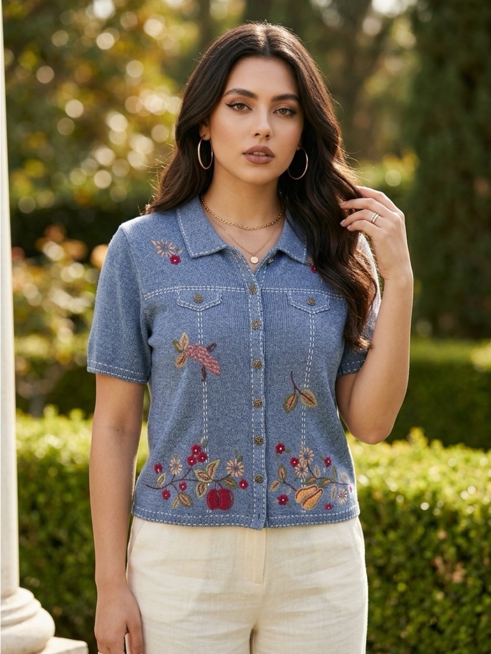 Alfred Dunner Vintage Grannycore Blue Embroidered Floral Knit Cottagecore Large